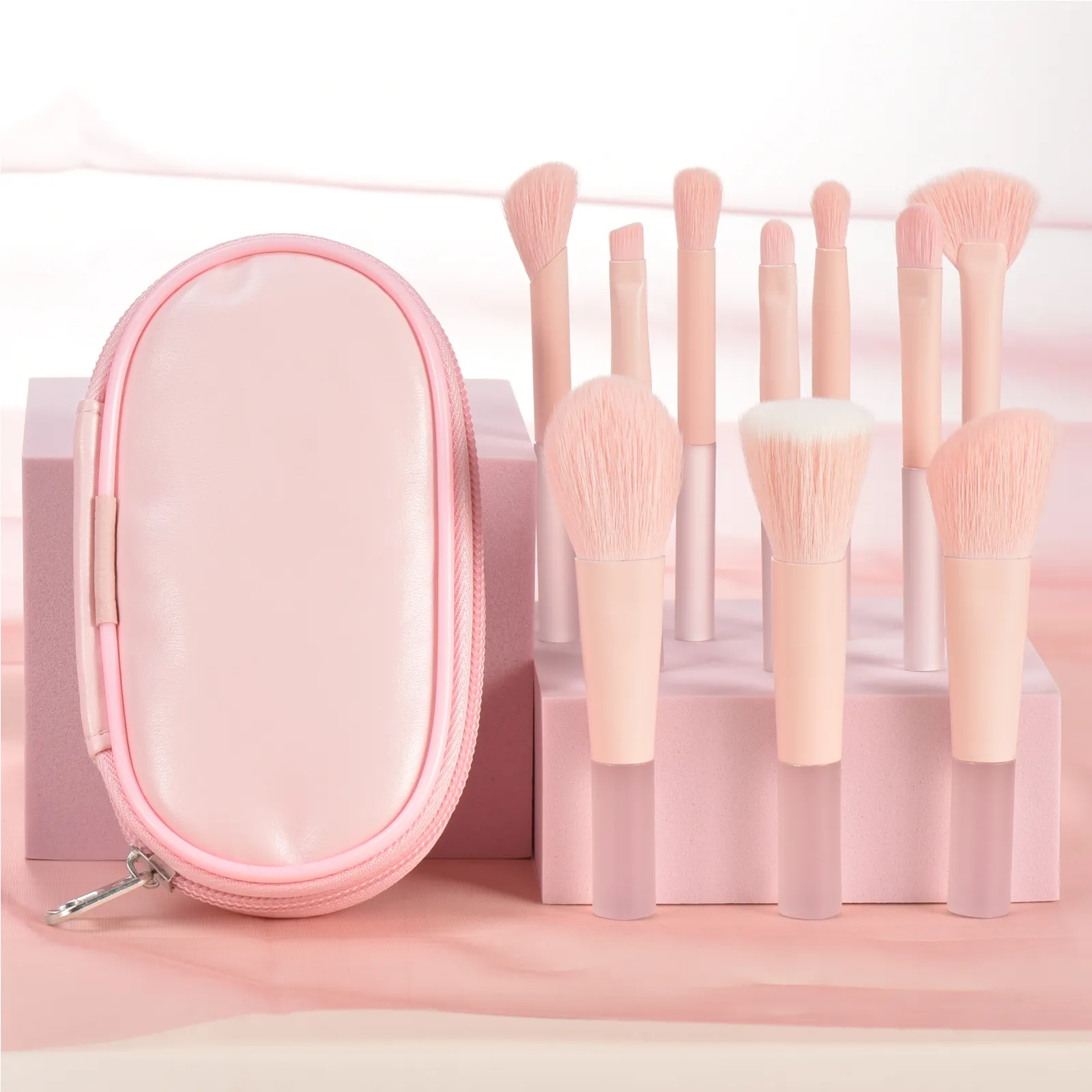 10 pink mini makeup brushes with storage bag foundation contouring brush eyeshadow brow brush - Makeup puff portable makeup