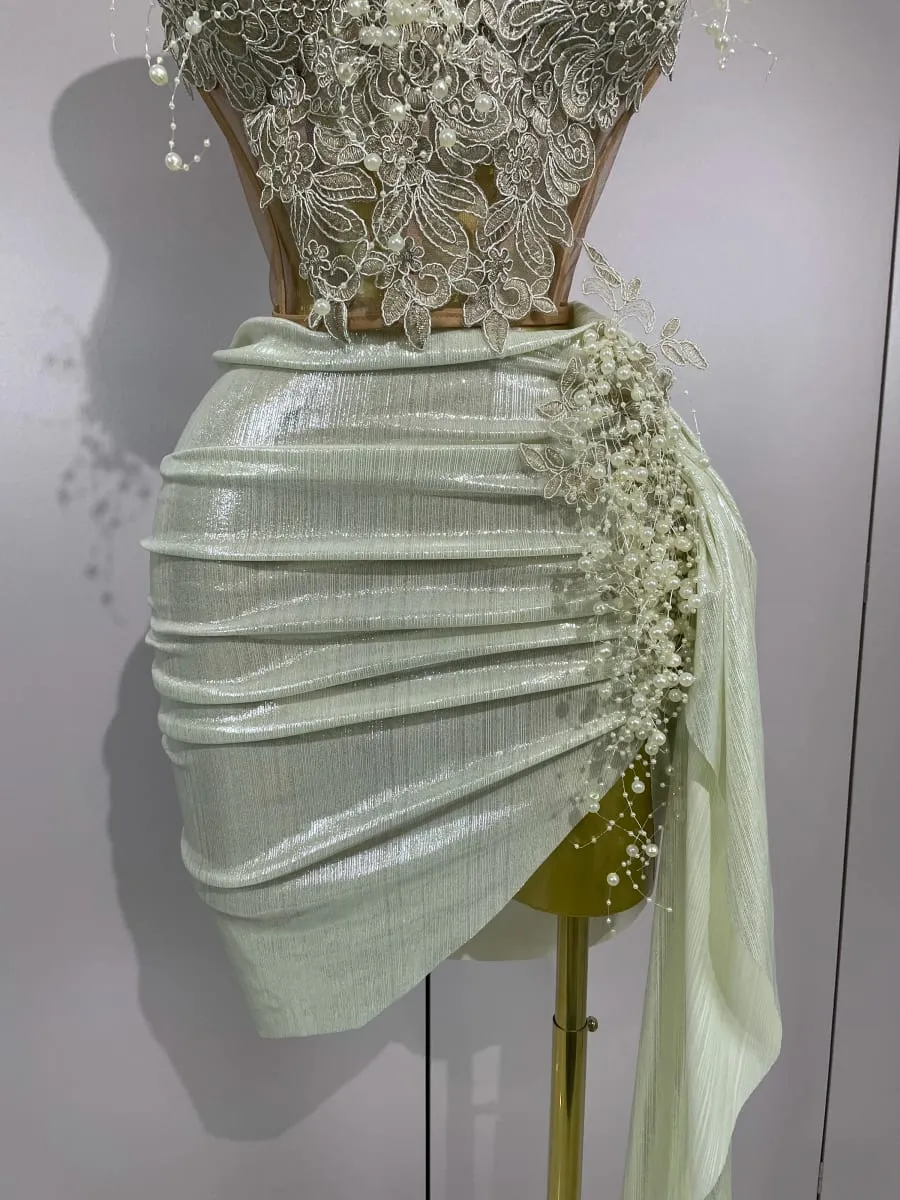 Luxe Shining Pearls Sexy Asymmetrische Rok 2 Stuks Set 2025 Vrouwen Avond Verjaardagsfeestje Podium Danser Prestaties Kostuum