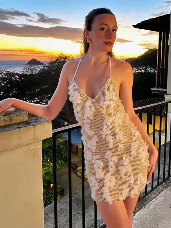 Mini abito da donna con paillettes tinta unita con scollo all'americana scollo a V profondo aderente senza maniche abiti scintillanti abiti da cocktail per feste da club formali Nuovo