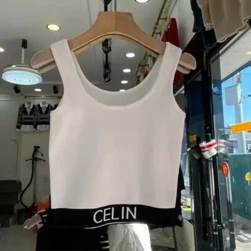 Spring and Summer New Korean-style Hem Letter Stripes Slimming Knitted Halter Top Versatile Slimming Solid Color Vest for Women