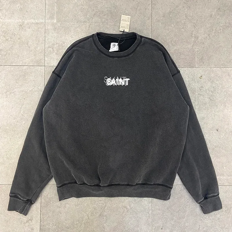 Autumn Winter Classic Overlapping Logo Print Saint Sweatshirts Men Women Couple Colorful Letters Graffiti Washed Black Pullovers — image 7