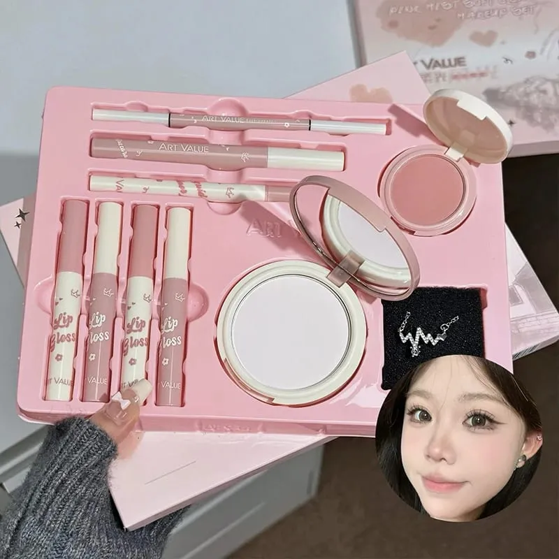 ART VALUE Makeup Set Include 4 Lip Glaze 1 Pressed Powder 1 Blush 1 Eyeliner 1 Eyebrow Pencil 1 Mascara With Necklce Cosmetics — image 2