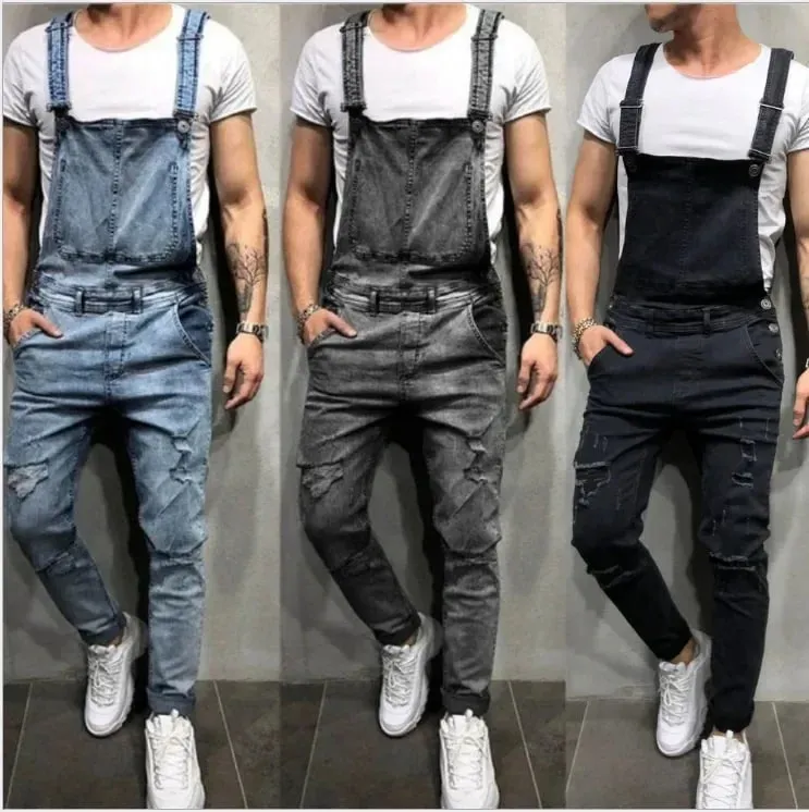 Men Jeans Jumpsuits Denim Overalls Distressed Pockets One Piece Pencil Pants Solid Washed Ankle Length Safari Style Spliced — image 2