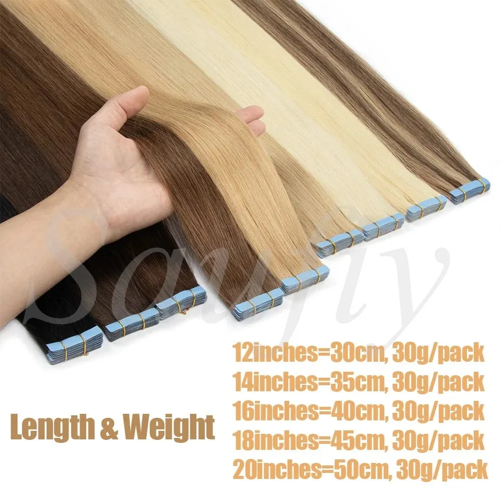 Blonde gerade Tape-In-Haarverlängerungen, Echthaar, 20 Stück/Packung, gerade, natürliches Schwarz, Blond, Braun, Tape-In-Haarverlängerungen, 12–20 Zoll, nahtlose doppelseitige Hauteinschlag-Tape-In-Haarverlängerungen für Frauen