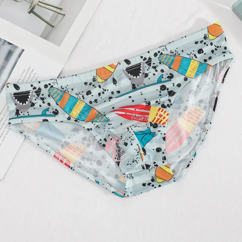 Men's Briefs Translucent Cartoon Printed Ice Silk Slippery Sexy Breathable Summer Low Waist U Convex Pouch Lingerie Underpants