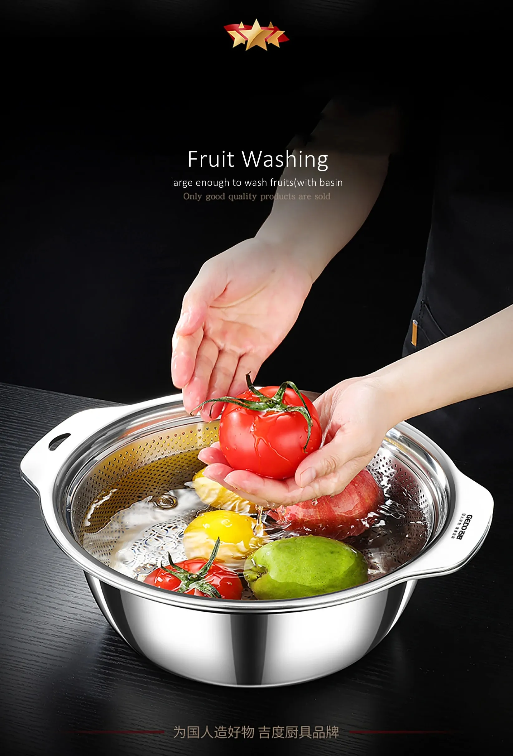 LFGB Certification Kitchen Fruit Vegetable and Rice Washing Basin 23~31cm Diameter Dense Drainage Hole Colander with Side Handle — image 9