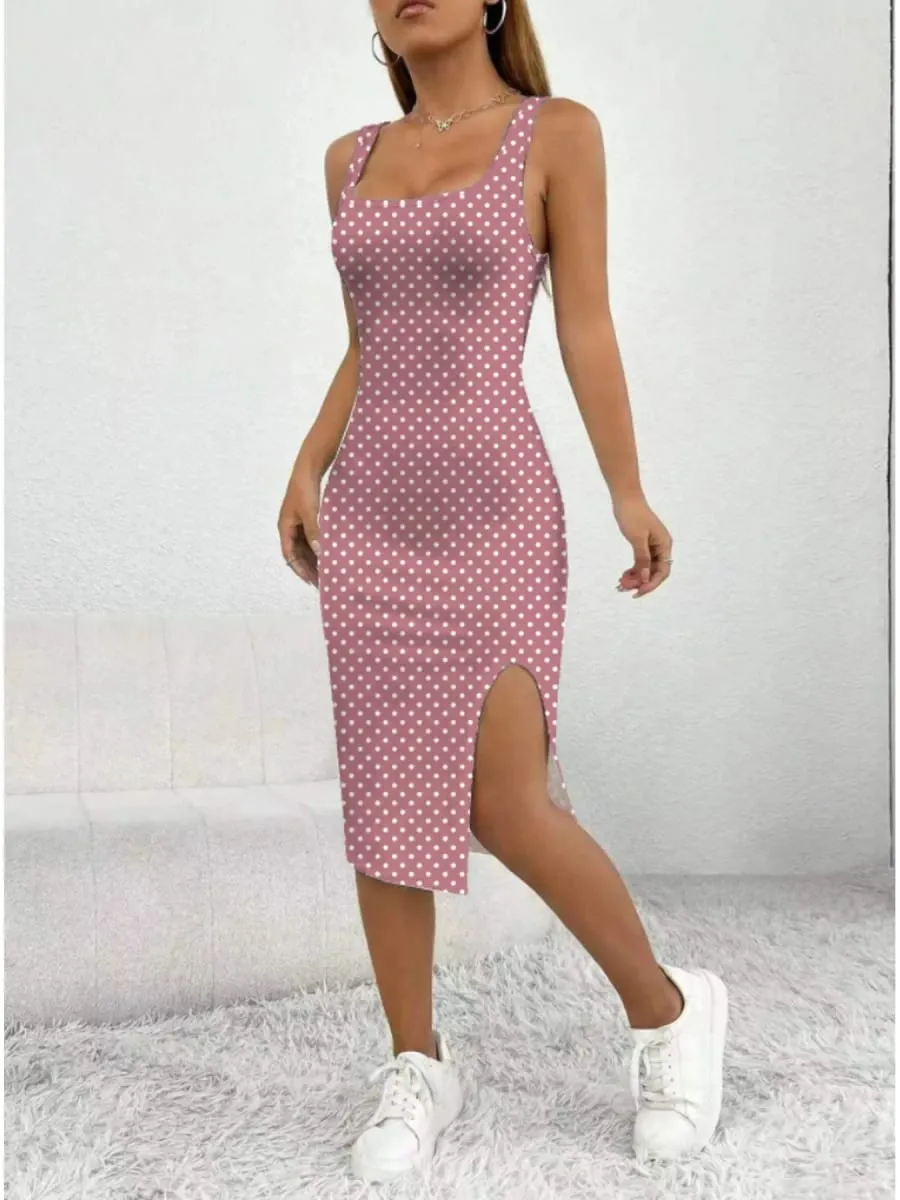 Women's Casual Elegant Thick Strap Square Neck Sleeveless Polka Dot Printed Slit Dress Mid-Length Skirt