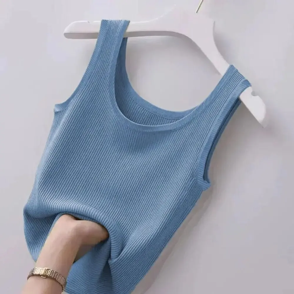 2024 Polyester Sexy Sleeveless Camisole Basic Top Solid Color Summer Camisole Streetwear Tees T-Shirt Spring Knitted Tank Women