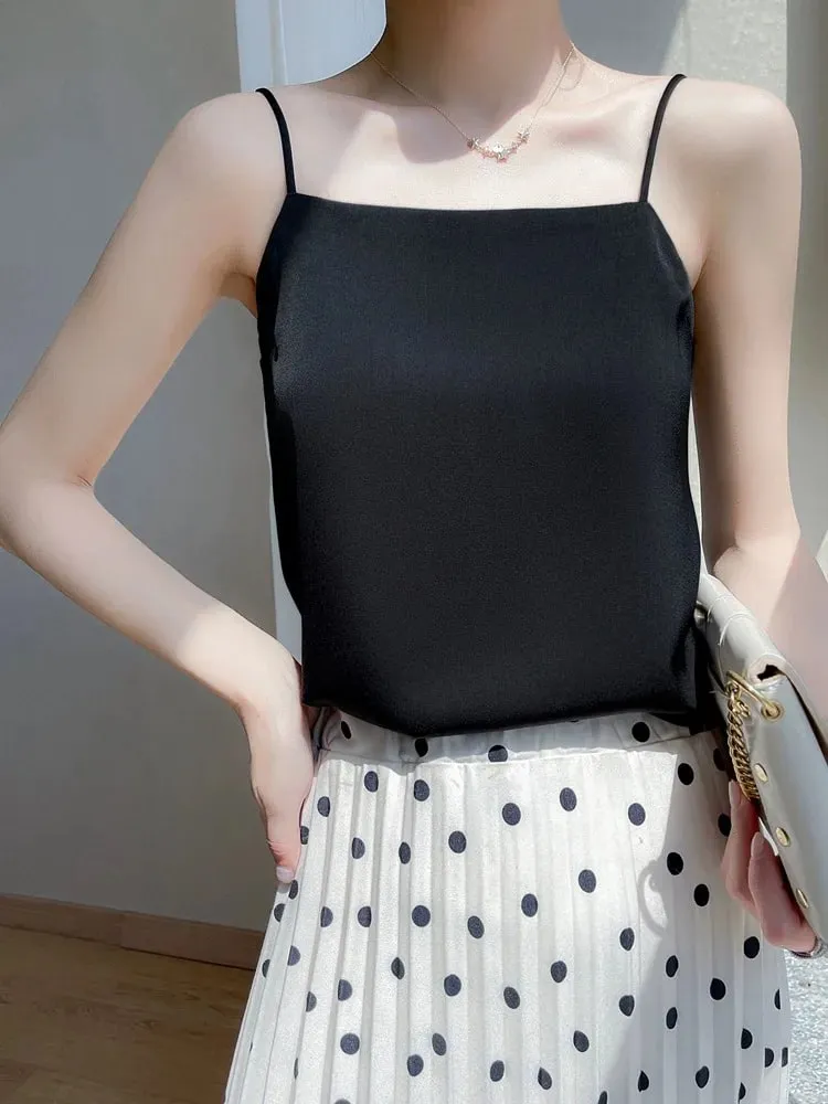 Silk Satin One-Shoulder Sexy Strap Vest Women's Sleeveless Suit Inner Wear Base Shirt Backless Commute Style Pure Color Summer