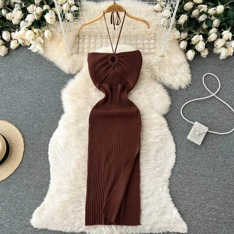YuooMuoo elegante moda Sexy paquete caderas dividido vestido de verano de punto 2025 mujeres ajustado vestido ajustado elástico vestido de fiesta ropa de calle traje