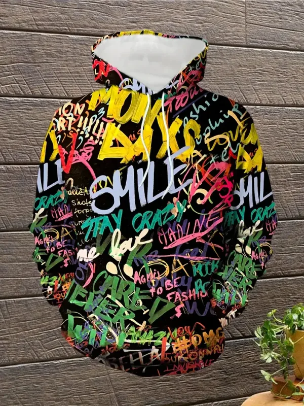 2024 ใหม่ผู้ชายทาสีGraffiti Flowพิมพ์Hoodieสบายๆอินเทรนด์แขนยาวกีฬาTop Streetผู้ชายที่มีสีสันรูปแบบHoodie