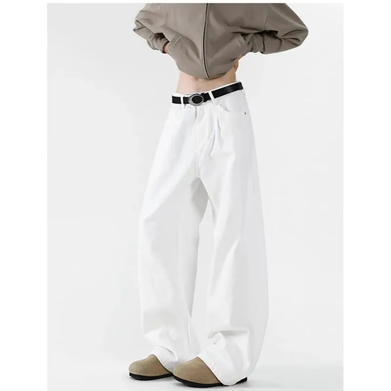 Summer Thin Breathable Men Jeans American Style White Bending Knife Denim Pants Trend Male Loose Straight Leg Wide Leg Trousers