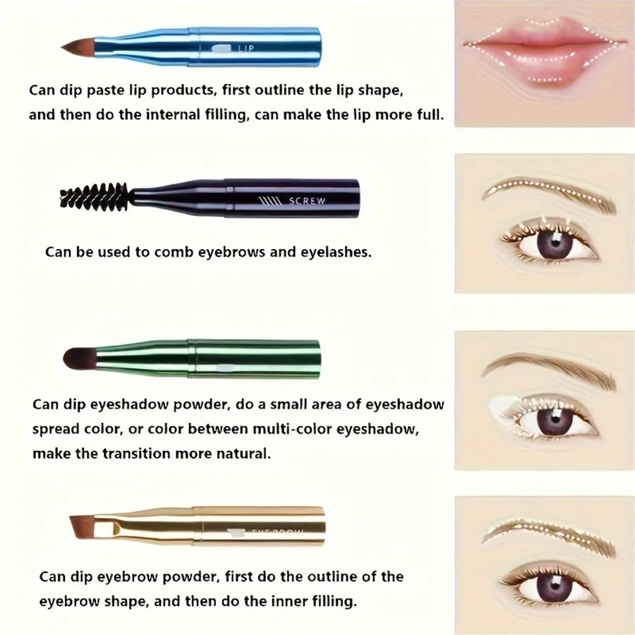 4-in-1 Portable Makeup Brush Set Metal Handle Eyebrow & Lip Brushes with Eyelash And Eyeshadow Applicators Travel-Friendly