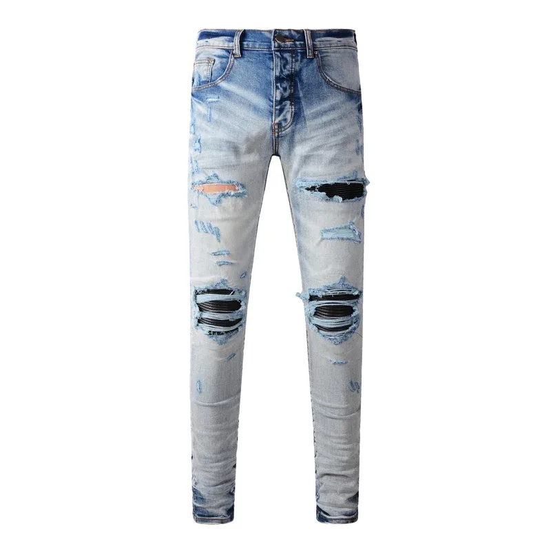 Fashionable New Men's Retro Blue Jeans With Pleated Elastic Perforated Blue Leather Patch Tight Tapered Pants Y2K