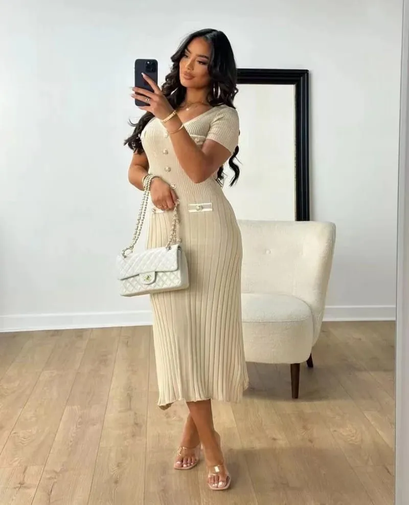 Elegant Knitted Maxi Dresses Bodycon Short Sleeve Ruffles Single Breasted 2025 New Dress Casual Communte Streetwear Vestidos