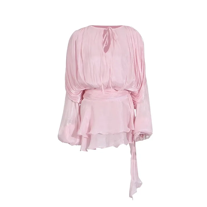 Solid Patchwork Lace Up Blouse Mini Dresses For Women V Neck Long Sleeve Sweet Style Dress Female Clothing Fashion