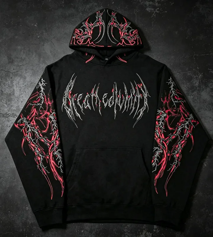 Men Alt Gothic Pullover Hoodie Y2k High Street American Style Dark Thorn Print Fleece Lined Loose Biker Fall Winter Sweatshirt