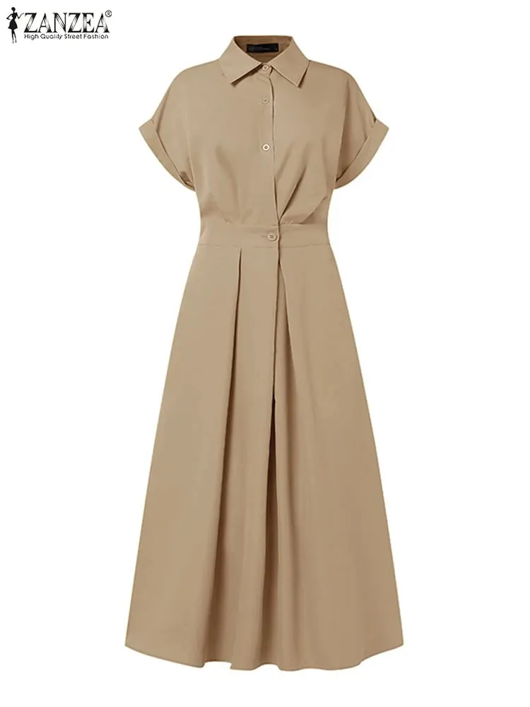 Elegant Chic Women Long Dresses Casual Short Sleeve Collared High Waisted Casual & Day Shirt Dress Solid Color S-3XL