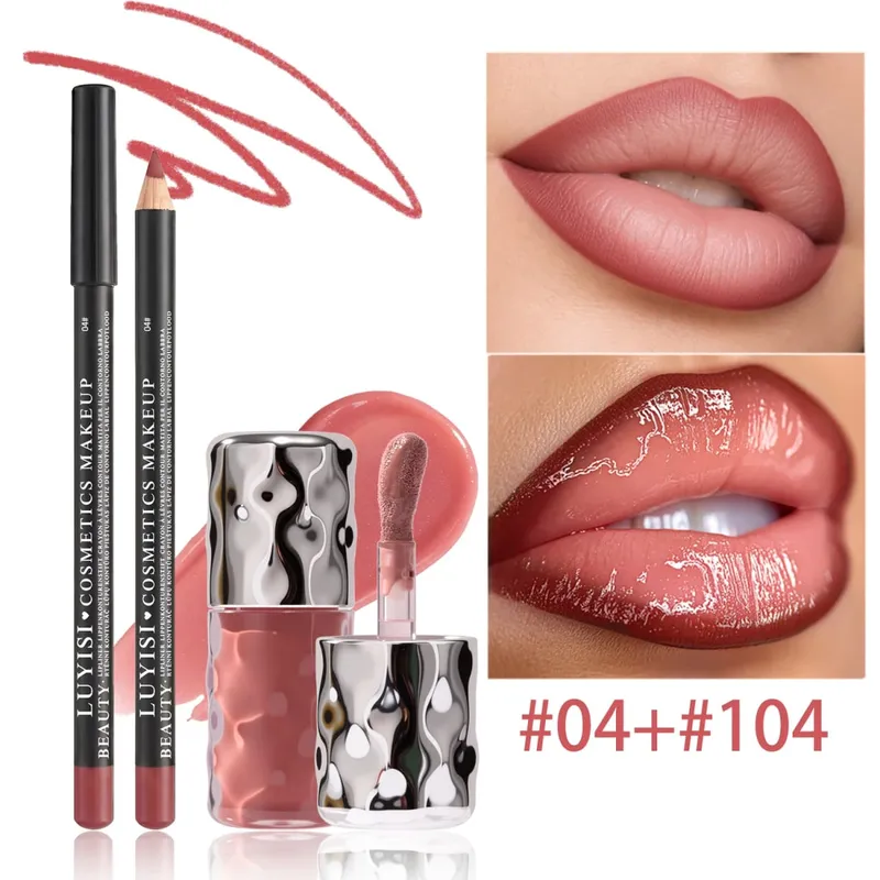 Dairy Lip Kit Set-1pc Matte Lip Liner+1pc Hydrating Lip Gloss Assorted Color Velvet Definition&Glassy Shine Nourishing Formula