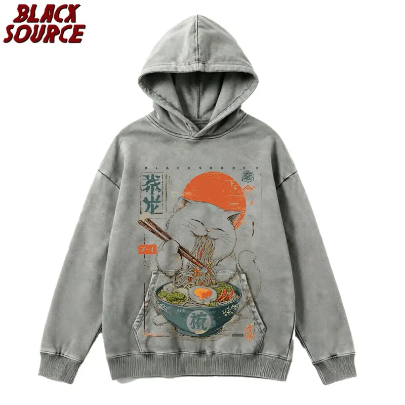 T0220 Cute Ramen Japanese Cat Hoodie, Unisex Cartoon Graphic Pullover Sweatshirt, Casual Streetwear Loose Fit Daily Wear
