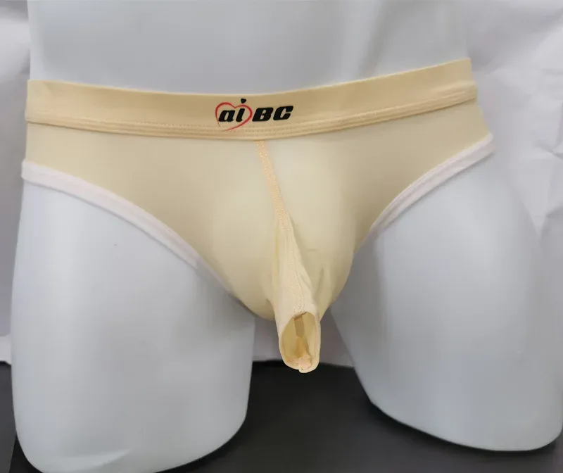 Men's Erotic Briefs Elephant Nose Open Sheath Bikini Gay Sexy Thin Ice Silk Penis Bulge Separate Elastic Quick Dry Sports Tangas