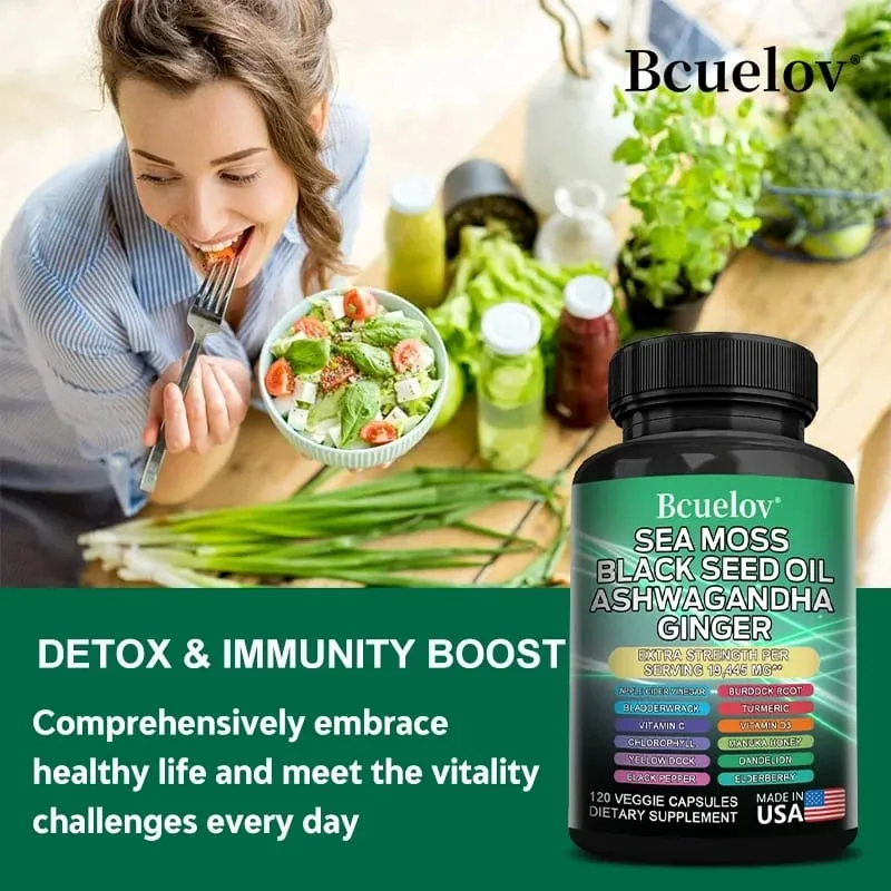 All in One Supplement with Sea Moss Black Seed Oil Ashwagandha Ginger Enhanced Immunity & Energy 120 Capsules