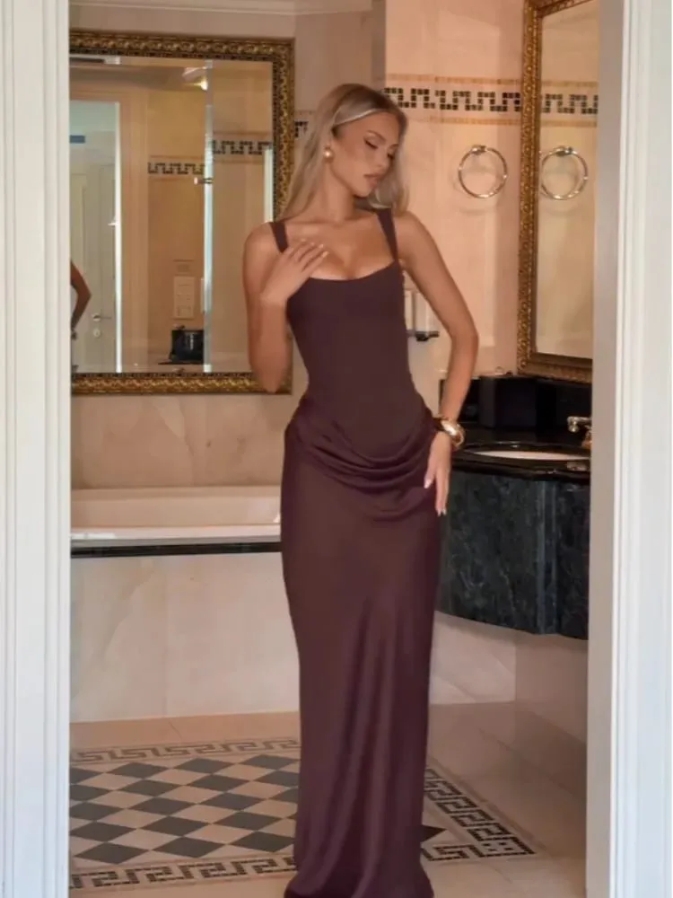 Vestido Sexy plisado liso con tirantes para mujer, cuello cuadrado, sin mangas, con hombros descubiertos, ceñido en la cintura, vestidos ajustados, vestidos de fiesta de noche para mujer