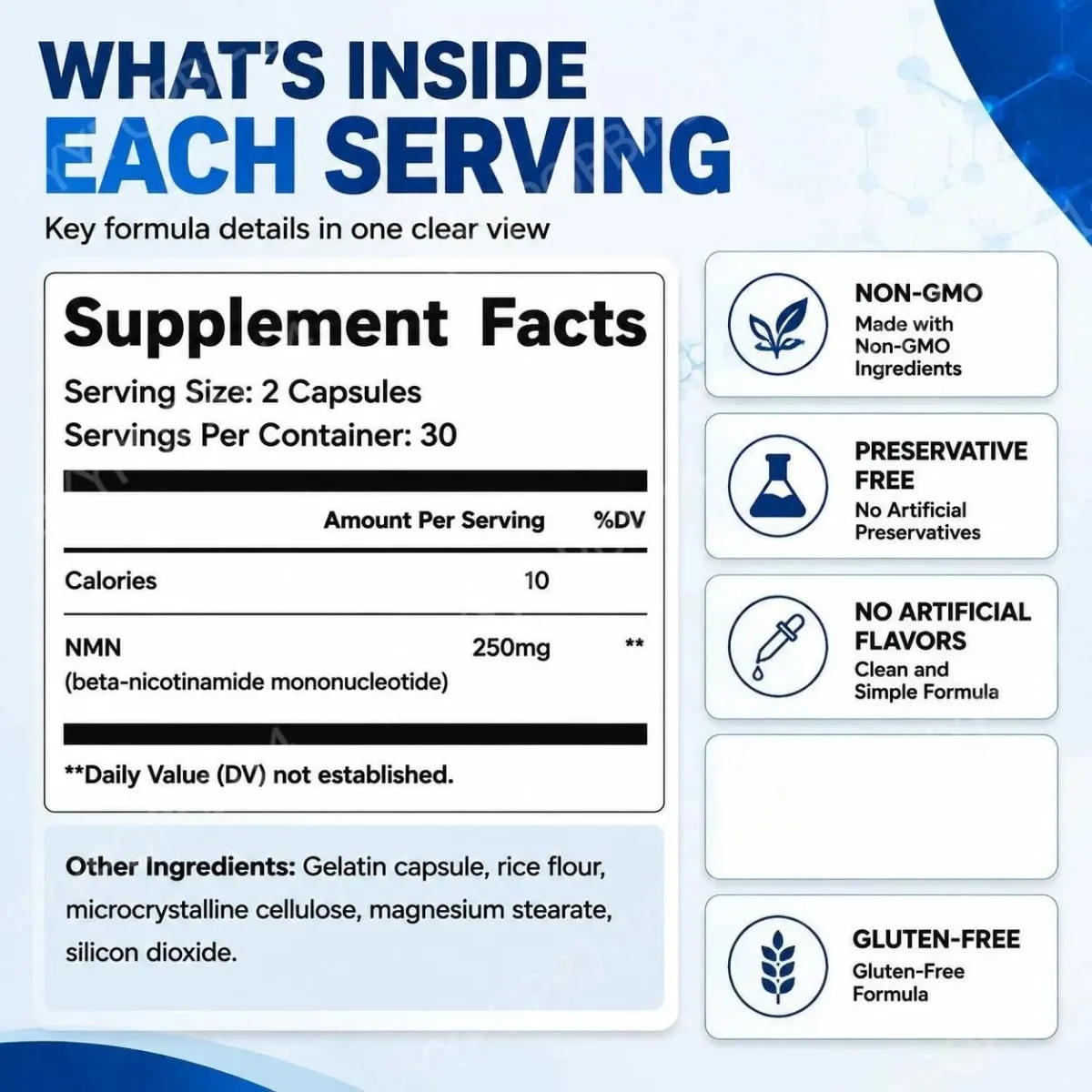 NMN Nicotinamide Mononucleotide Capsules 250 Mg Per Serving Increased Bioavailability Promotes Cellular Health 60 Capsules