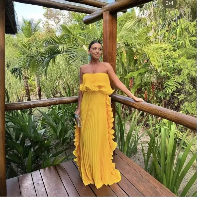 Vestido de fiesta de verano para mujer, vestido largo formal de gasa plisado naranja, vestido de fiesta de playa sin tirantes con volantes hecho a medida