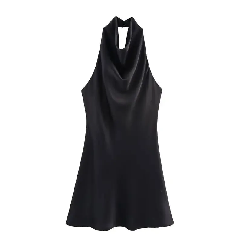 Silk Satin Texture Summer New Arrival Women's Dr Hanging Ne Collar Gown Soft A-Line Skirt High Waist Pure Color — image 4