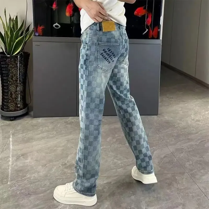 Spring Summer Checkered Jeans From Trendy Brand Versatile Men's Straight-leg high-end loose Casual Straight Stretch Pants