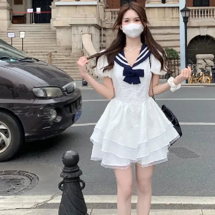 Women's White Sailor Collar Navy Bow Dresses Bubble Sleeve Tiered Ruffle Short Dress Sweet Casual Cute Style Dress