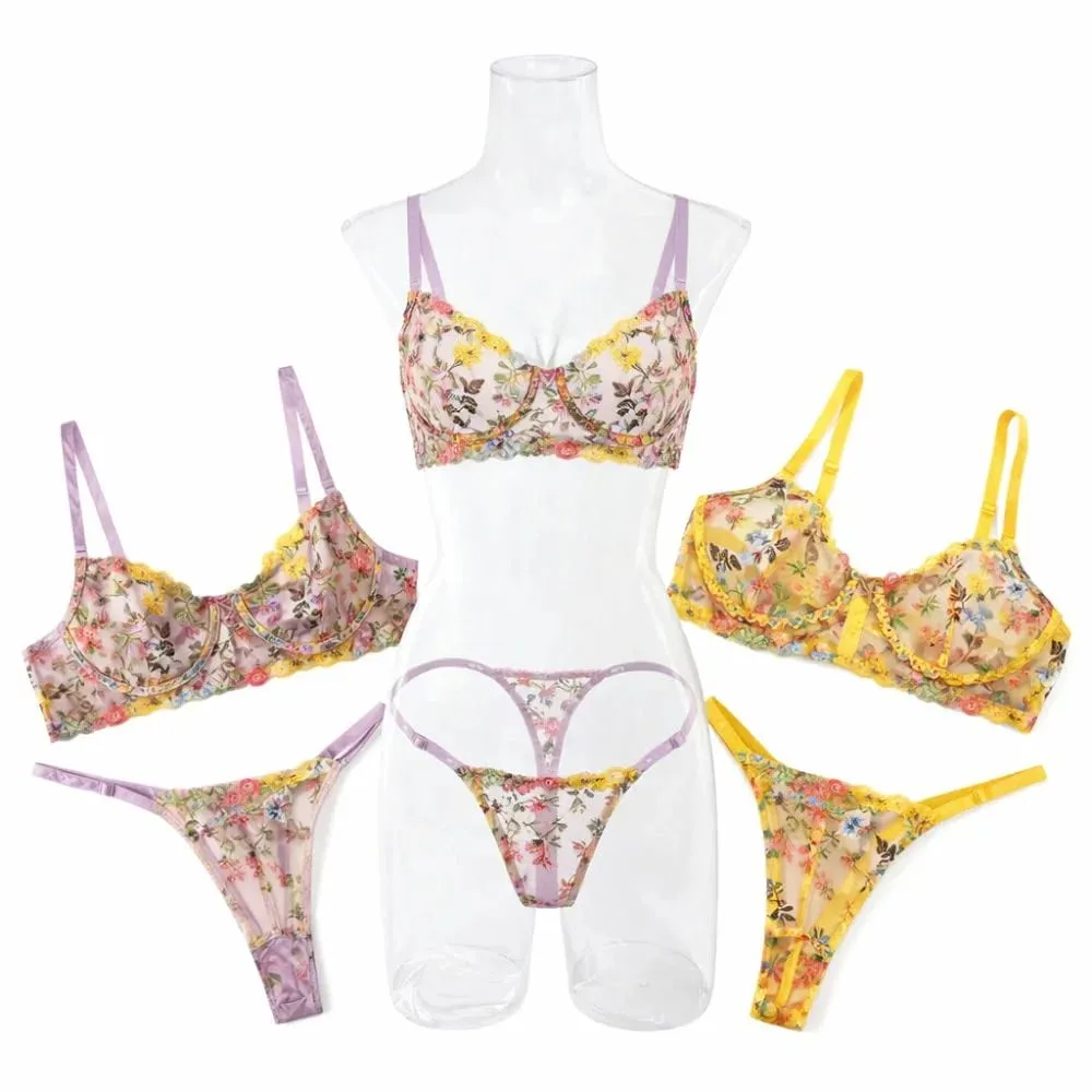 2-Piece Floral Lingerie Set Sheer Versatile Underwear Intimates Underwire Push-up Embroidery Bra Panty Set For Lady Girl — image 2