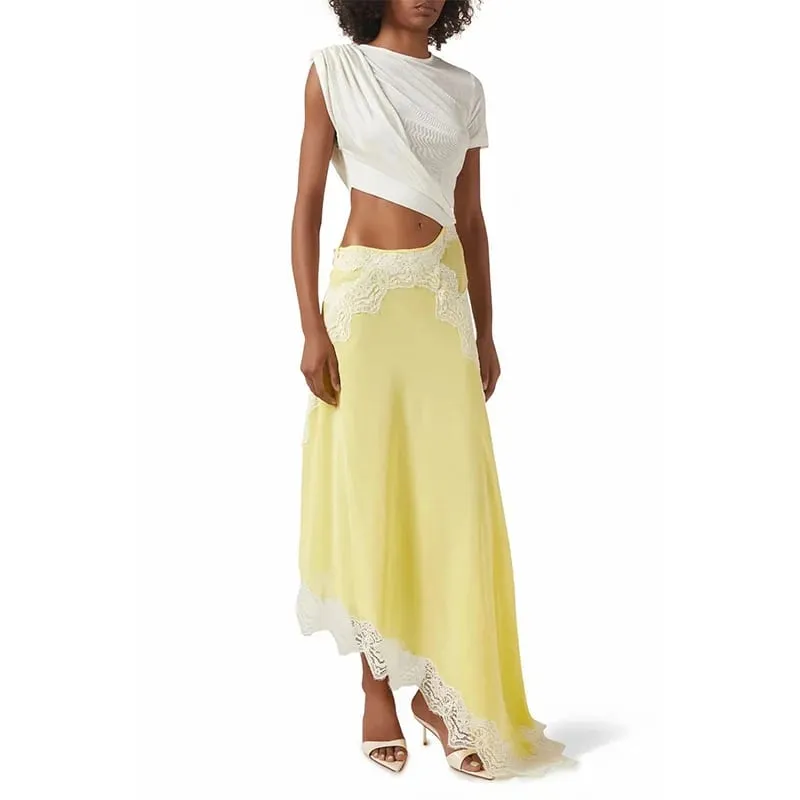 Womens Dresses 2025 Spring Summer New Solid Color Hollow Waist Irregular Lace Splicing Round Neck Short Sleeve Casual Dress