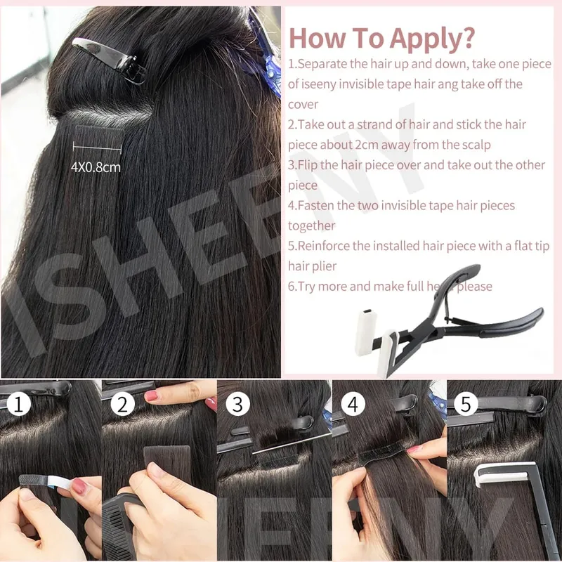 머리 확장에 Isheeny 보이지 않는 테이프 12 "16" 20 "피부 Weft 테이프 Ins 10pcs 자연 스트레이트 기계 레미 인간의 머리카락 제작 — image 6