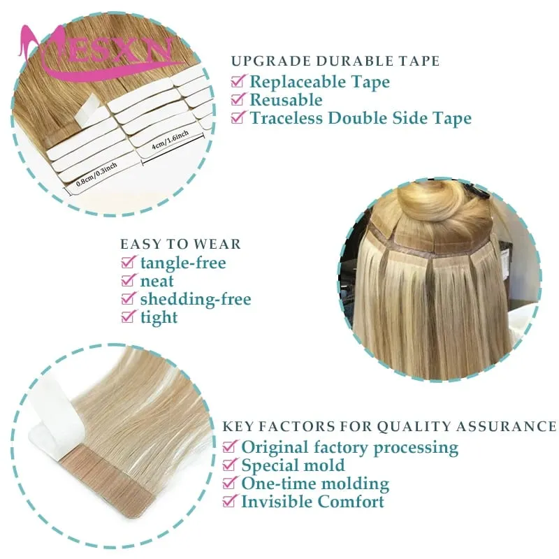 High Quality Straight Tape In Human Hair Extensions 100% Natural Hair Extension Brown Blonde Invisible 613 For Salon