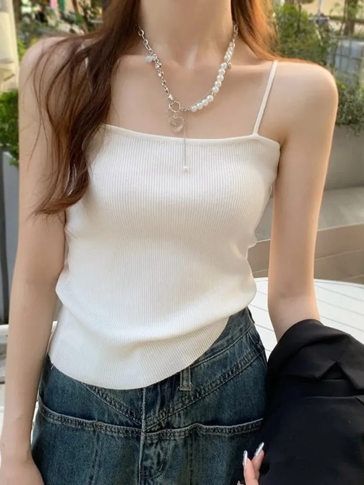 여름 민소매 캐미 백 레스 스트랩 탱크 탑 캐주얼 여성 홀터 자르기 탑 슬림 솔리드 짧은 여성 튜브 자른 조끼 2026