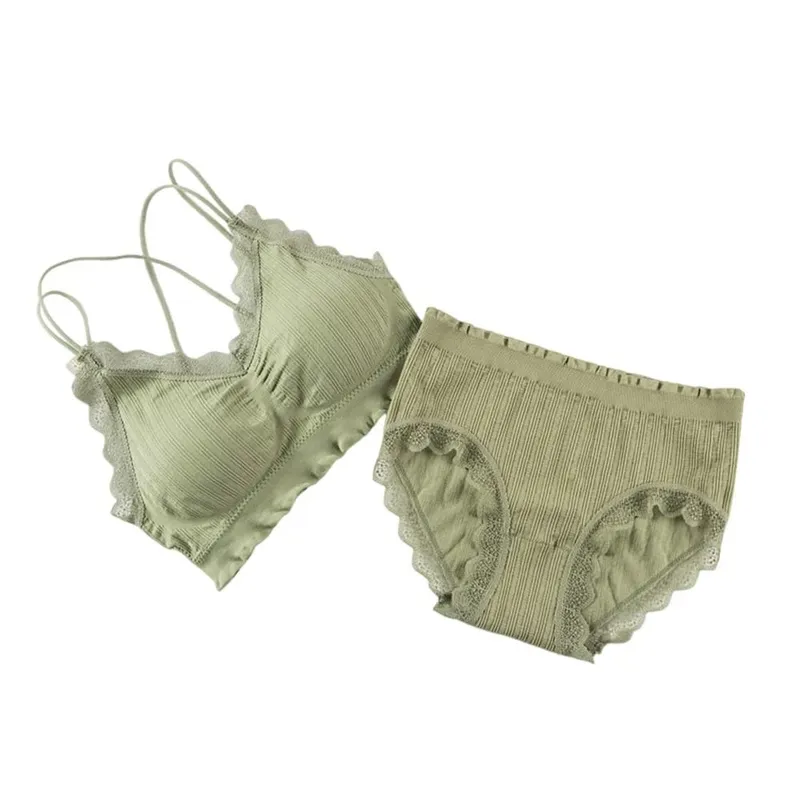 1Set Casual Lace Women Seamless Bra Set with Bra Pads V-Neck Lingerie Set Breathable Comfortable Sport Brassiere