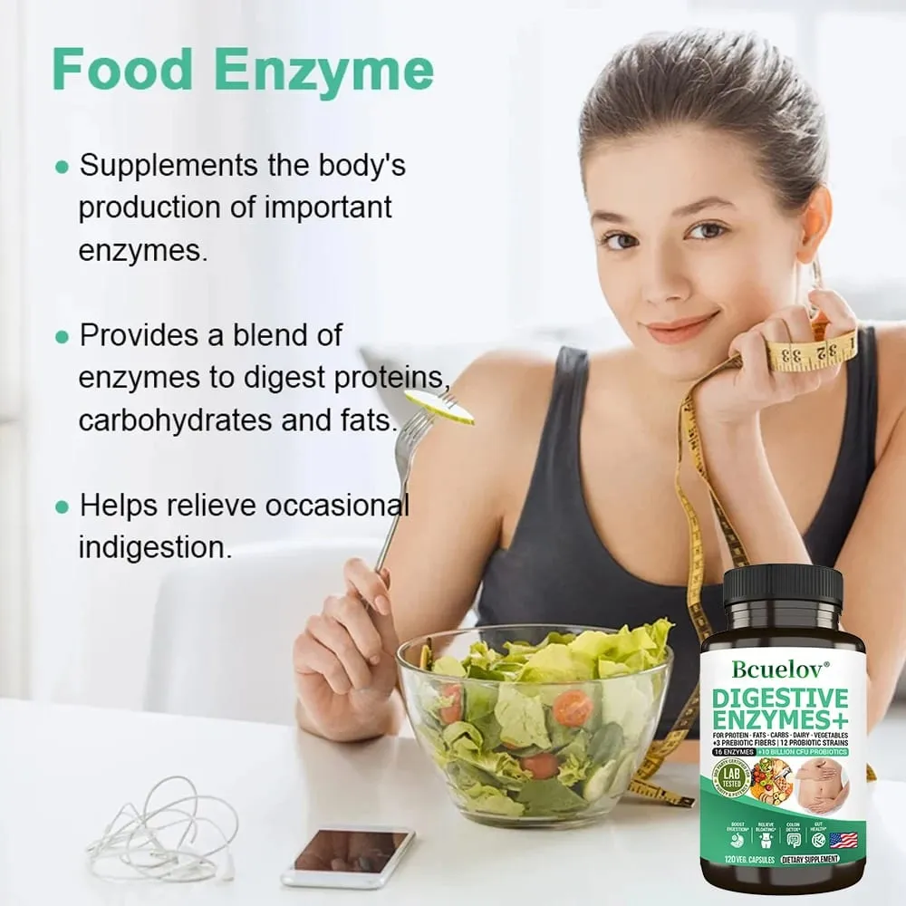 Digestive Enzyme Supplement - 3 Prebiotics 12 Probiotics 10 Billion CFU - Digestion Nutrient Absorption Colon Detoxification