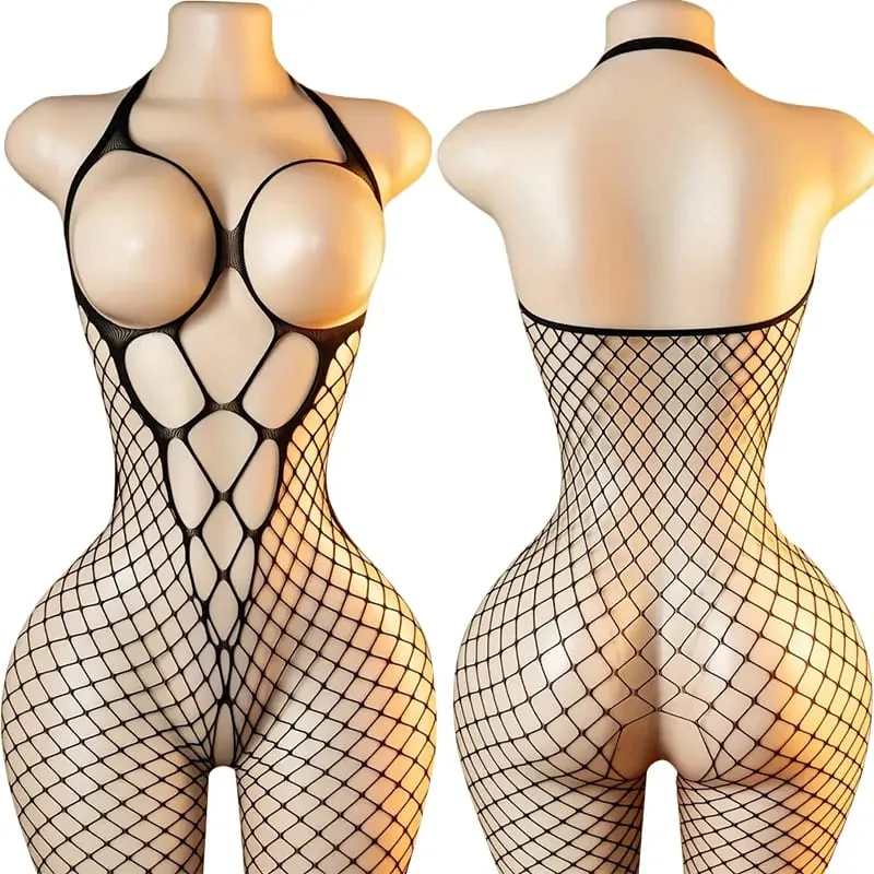 Black Fishnet Off-Shoulder Open-Crotch Bodystocking Lingerie Set Sexy Crotchless Teddy Bra Women's Erotic Underwear 2026 — image 17