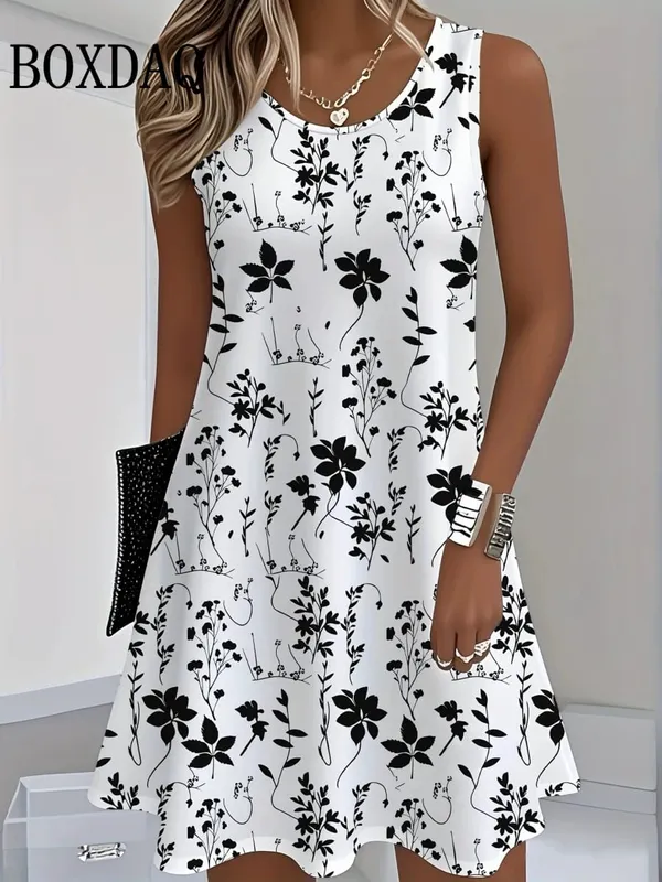 2025 Women Sundress Floral Dress Casual Sleeveless O-Neck Loose Mini Dress Summer Women'S Tank Flower 3D Print Beach Short Dress