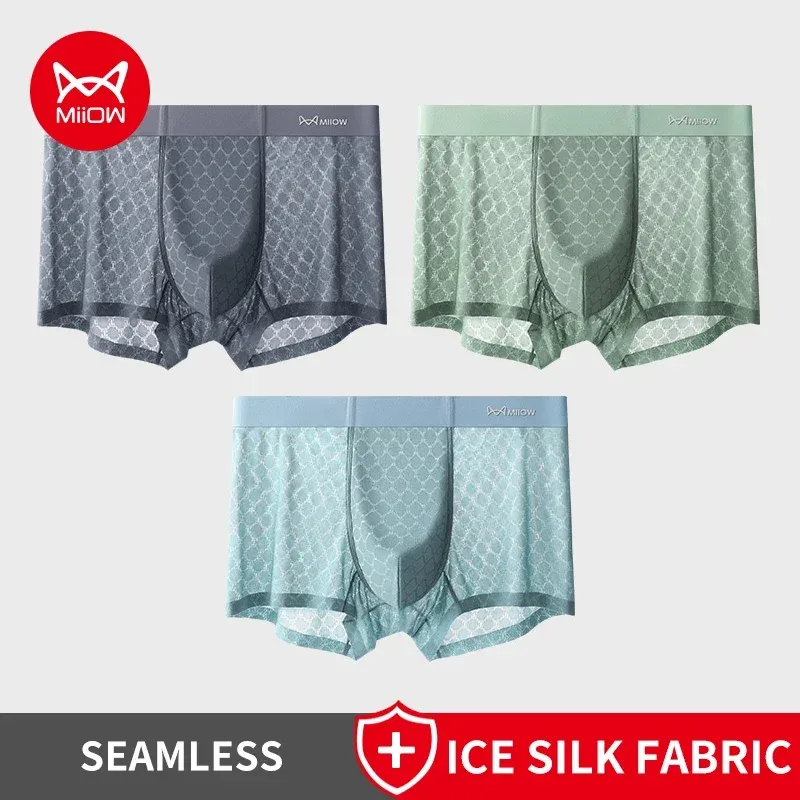 MiiOW 3Pcs Seamless Ice Silk Men Boxerชุดชั้นในฤดูร้อนBreathableตาข่ายกางเกงในชายAntiแบคทีเรียกางเกงชายกางเกงนักมวย