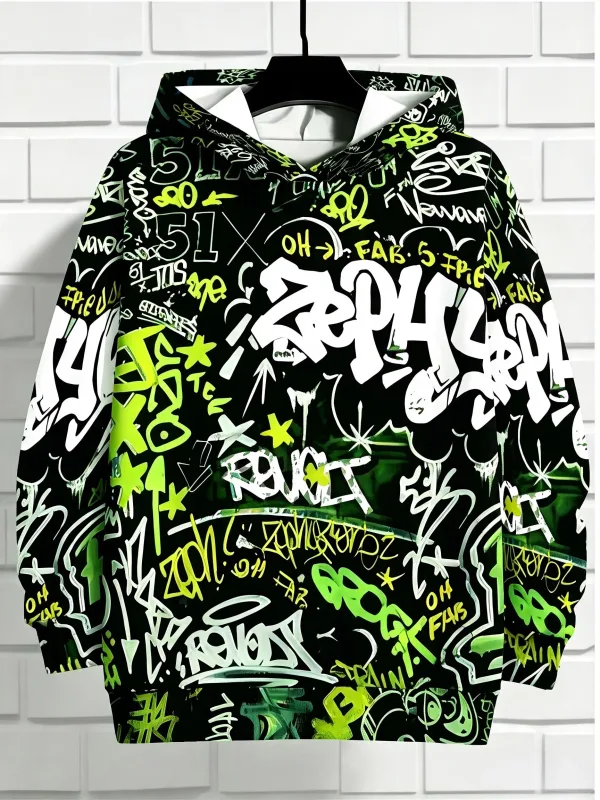 Europäische und amerikanische Herren Herbst Gothic Letter Graffiti Print Weiches und bequemes Kapuzenpullover Outdoor Street Top