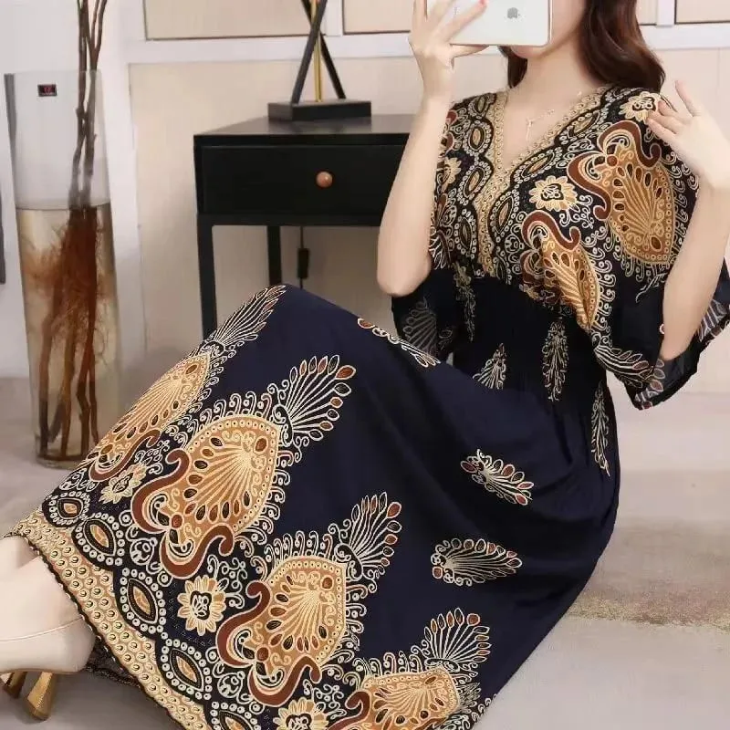 Casual Elegant Retro Bohemian National Style V-neck Elastic Waist Large Swing Printed Summer Long Skirt Woman Dress Clothes