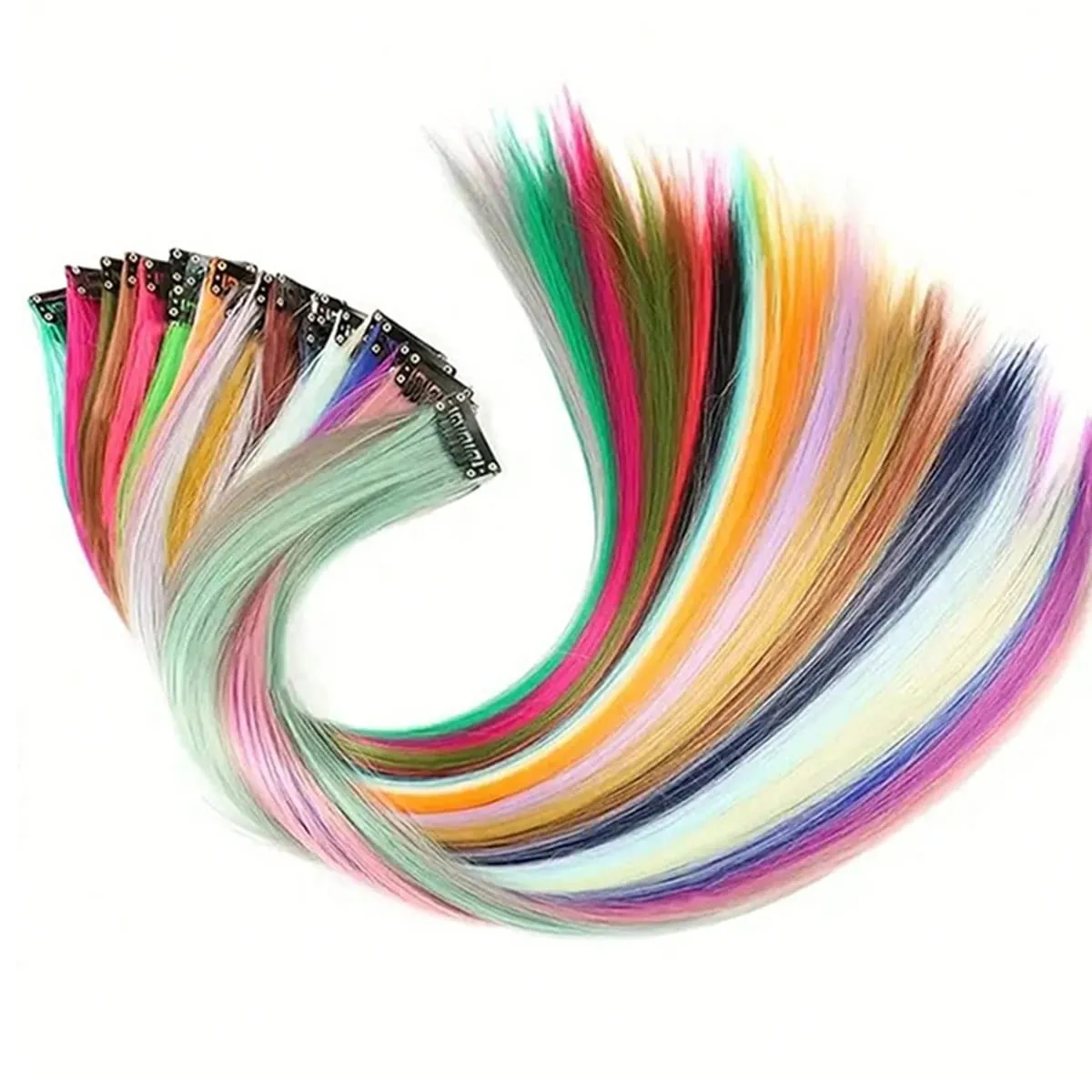 สีสังเคราะห์คลิปในส่วนขยายของผมตรงไฮไลท์ผมริ้วสายรุ้งแขวนผมชิ้นวิกผมสำหรับผู้หญิงพรรค