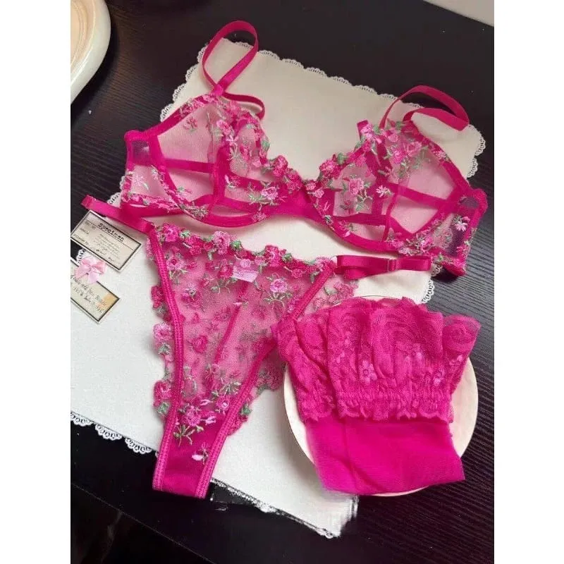 European Women Alluring Sheer Lace Embroidery Underwire Bra Big Bust Support Minimize Anti‑Sagging Soft Lingerie S‑XL Bra Set