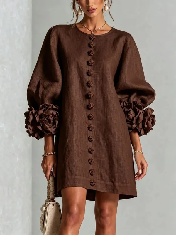 Women Spring Autumn 3D Flower Long Lantern Sleeve Cotton Linen Mini Dress Solid Crew Neck Loose Elegant Daily Wear Short Dress