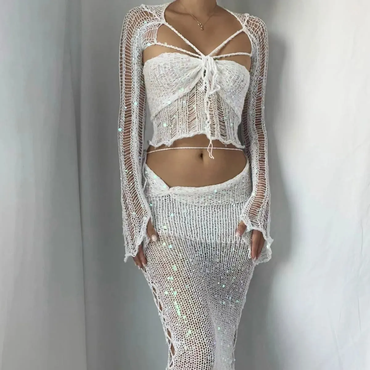 Sexy Hollow Out Sequined Knitted Dresses Summer Women Slim Dress Sets Long Sleeve Cutout Crop Top Beach Vacation Long Skirt Set