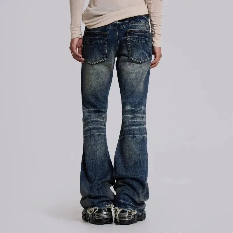 Mens Jeans Harajuku Y2K Streetwear Mid Blue Flared Denim Pants Vintage Washed Bootcut Wide Leg Loose Fit Gothic High Street New