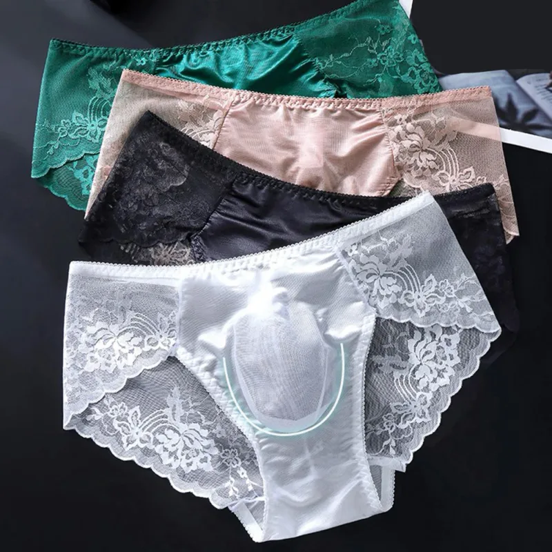 Cuecas masculinas de renda sem costura cuecas de seda gelada 3D bolsa com protuberância calcinha gay de cintura baixa
